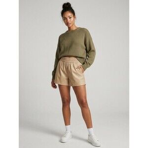 Entro High Waisted Faux Leather Shorts Women Small Beige Vegan Smocked Elastic